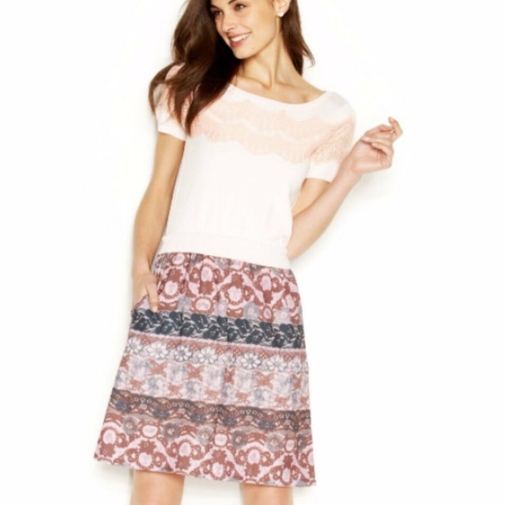 Maison Jules Mixed Media Lace Twofer Dress Pearl Combo S